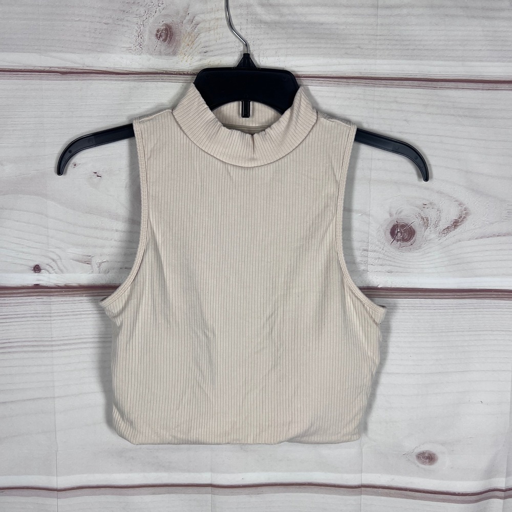 Klassy Network Tank Top Womens Medium Beige Ribbed Mock Neck Brami Sleeveless